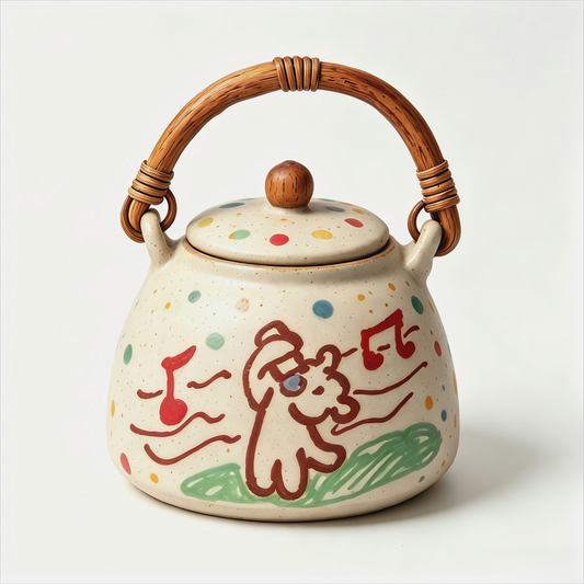 Handmade Enamel Water Kettle with Natural Beech Wood Handle | Bears' Party Cartoon Home Decor