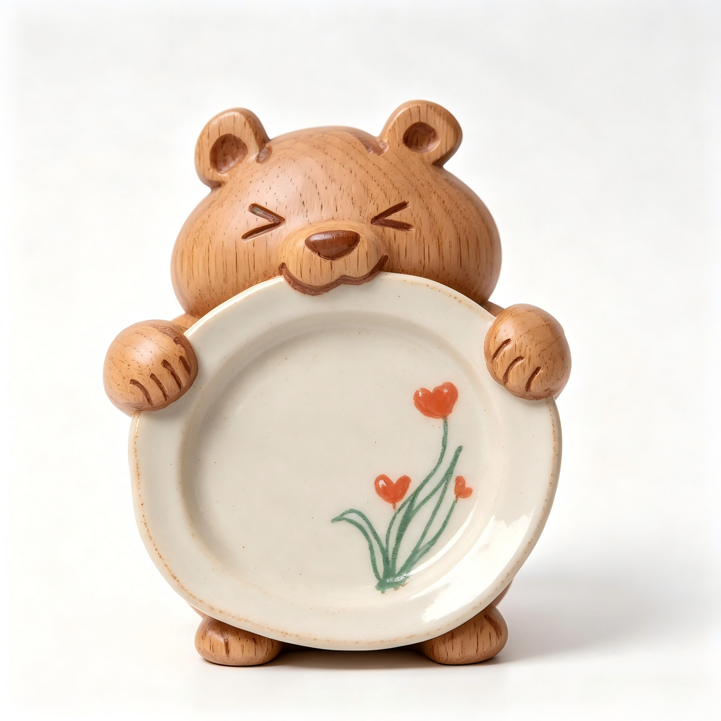 Handmade Bear Ceramic Plate & Beech Wood Stand Set | Bears' Party Cartoon Tableware Combo