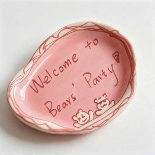 Handmade Pink Ceramic Deep Plate | Bears' Party Cute Cartoon Dinner Plate for Salad & Dessert